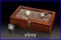 Box Watch Display Storage Wood Jewelry Case Organizer Glass Top 12 Slot Holder