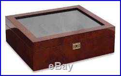 Burlwood Watch Lock Box Display Case, 10 Section Storage Holder, Wood Organizer