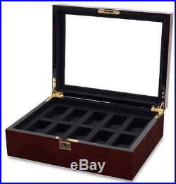 Burlwood Watch Lock Box Display Case, 10 Section Storage Holder, Wood Organizer