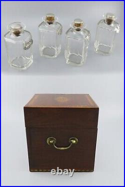 C1800 English Ship Decanter Chest Sterling Silver Liquor Labels 4 Decanters