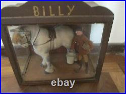 Charming Antique Hand Made Stuffed Cloth Shire Horse & Groom In Wood Glass Case