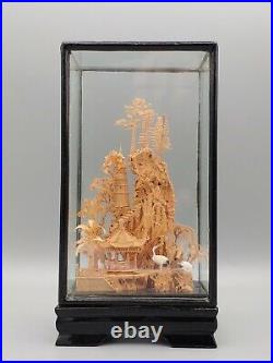 Chinese Cork Wood Engravd Scenery Glass Lacquerware Case Decor