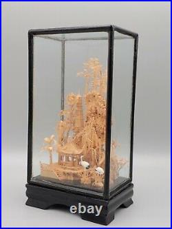 Chinese Cork Wood Engravd Scenery Glass Lacquerware Case Decor