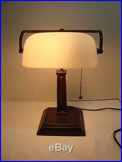 Classic Bankers Desk Student Desk Lamp White Cased Glass Shade Wood Base