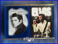 Elvis sun glasses, wood guitar case and pen, playing cards, tin, book and more
