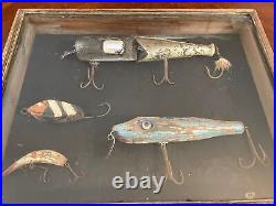 Four Vintage collection lot Old wood fishing lures In Wood & Glass Display Case
