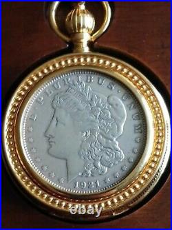 Franklin Mint 1921 Morgan Silver Dollar Pocket Watch w Glass & Cherry Wood Case