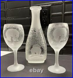 Frosted Decanter & 2 Wine Glasses, Wood Display Case, ARC Slovenia, Polar Bear