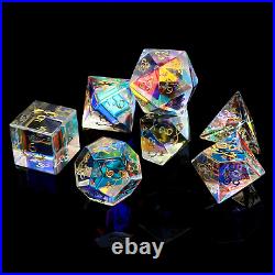Gemstone DND Dice Set With Wood Dice Case 7PCS Polyhedral D&D Dice Rainbow Glass