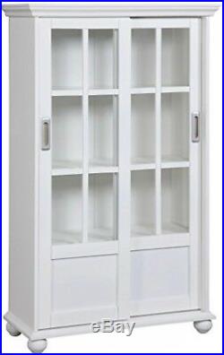 Glass Door Display Cabinet White Cupboard Bookcase 2 Sliding Doors Adjustable