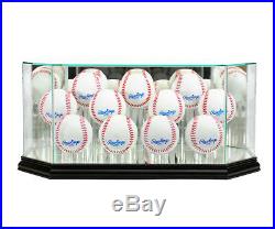 Glass Octagon 11 Baseball Display Case Uv Protection Black Wood And Mirror