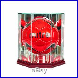Glass Soccer Ball Display Case UV Protection Cherry Wood and Mirror Back