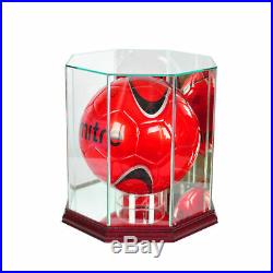 Glass Soccer Ball Display Case UV Protection Cherry Wood and Mirror Back