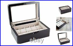 Glossy Espresso Wood Finish Watch Box Display Case with Glass Top Holds 10