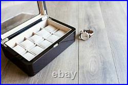 Glossy Espresso Wood Finish Watch Box Display Case with Glass Top Holds 10