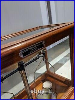 Goodbrand Balance Scales Brass Vintage in glass case & weights wood