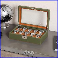 Green/Tan 10 Slot Watch Case, Leather, Large Glass Top, Locking Display, Jewelry