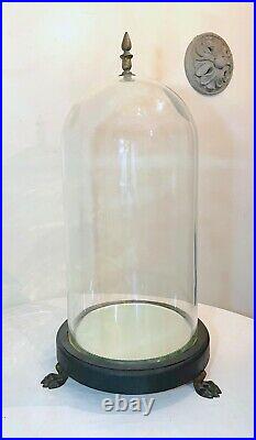 HUGE rare antique heavy glass cast iron wood cloche display dome bell jar case