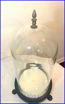 HUGE rare antique heavy glass cast iron wood cloche display dome bell jar case
