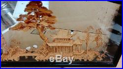 Hand Carved Wood Scene In Far East Terranium Type Sealed In Wood Case And Glass