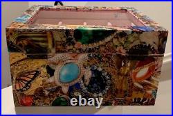 Handcrafted Artisan Jewelry Box, Glass Top, Collage, Powder Pink Velvet Lined