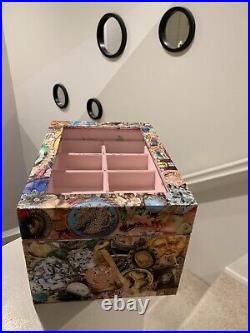 Handcrafted Artisan Jewelry Box, Glass Top, Collage, Powder Pink Velvet Lined