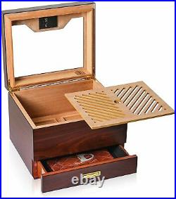 Hugo's Cigar Humidor Box Case 35-60 Cigars Wood Glass Top Digital Hygrometer