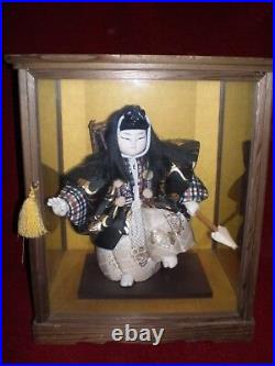 Japanese Kimekomi Doll Benkei Feudal Monk in Wood and Glass Sided Case