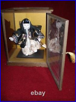 Japanese Kimekomi Doll Benkei Feudal Monk in Wood and Glass Sided Case