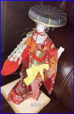 Japanese Wisteria Geisha Doll 15 on Wood Base in 20 Tall 6 Sided Glass Case