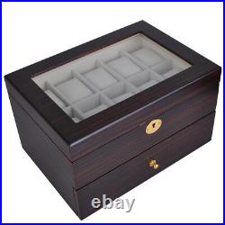 Jewelry Storage Organizer Ebony Wood Watch Box Display Case Glass Top 20 Slot