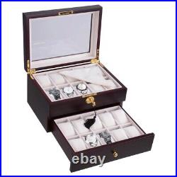 Jewelry Storage Organizer Ebony Wood Watch Box Display Case Glass Top 20 Slot