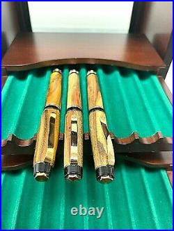 LEVENGER GLASS FRONT INLAIDED WOOD FOUNTAIN BALLPOINT 16 PEN CASE withBONUS PENS