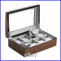 Lacquered Brown Burl Wood 8 Watch Case With Glass Top