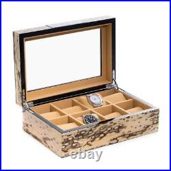 Lacquered Exotic Ice Burl Wood 8-Watch Case With Glass Top And Velour Lining