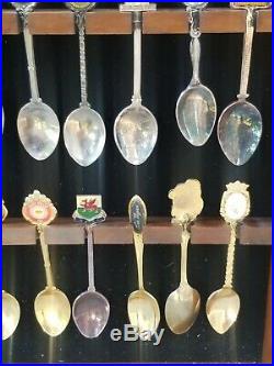 Large 50pc Vintage Souvenir Spoon Collection in Wood Display Case withglass door