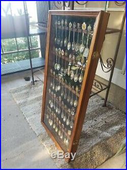 Large 50pc Vintage Souvenir Spoon Collection in Wood Display Case withglass door