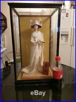 Large Antique Silk Kimono Doll In Original Wood And Glass Case. Signed
