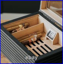 Large Cigar Box Modern Glass Top Humidor Spanish Cedar Wood Slat Design Digital