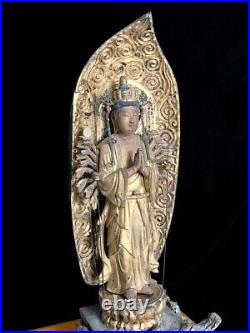 Large gold gilt Japanese Kannon Buddha with mandorla with glass display case