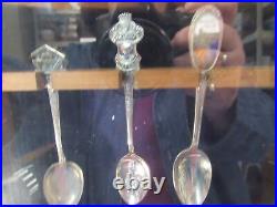 Lot Of 27 Antique Vintage Souvenir & Condiment Spoons In Glass Front Wood Case