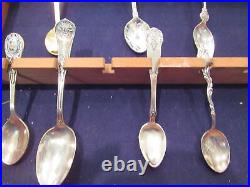 Lot Of 27 Antique Vintage Souvenir & Condiment Spoons In Glass Front Wood Case