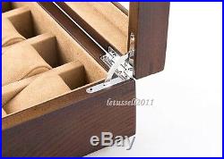 Luxury Solid Wood Watch Box Display Case Glass Top LID 10 Slots Locker &key Elm