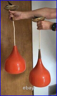 MCM Danish Holmegaard Orange Cased Glass and Teak Wood Pendant Lamps