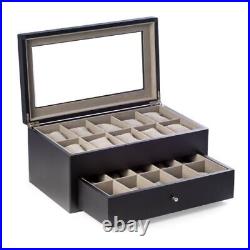 Matte Black Wood 20 Watch Box With Glass Top & Drawer