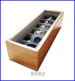 Men Wrist Watch Display Case Collectors Wood Box Storage Holder Glass Top Retail