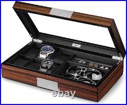Men's Jewelry Box 6 Watch Case 8 Pair Cufflinks & Sunglasses with Real Glass Top