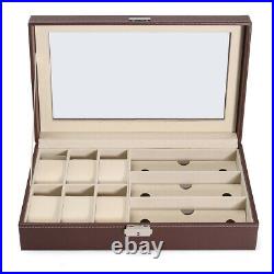 Multi-grid Wood Leather Sun Glasses Watches Jewelry Box Storage Display Case