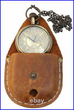 Nautical Brass Pocket Watch Antique Marine Leather Case 10 PIECES