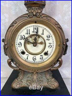 New Haven Bronze Clock Highly Decorated Case Wood Base Unique Glass Topper